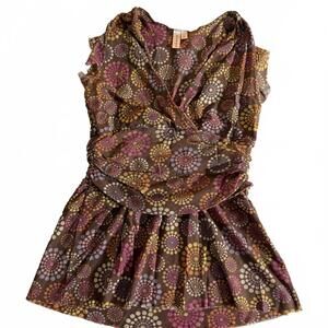 SWEET PEA Maternity SZ L brown flowered V Neck Cap Sleeve Peplum Stretch Blouse